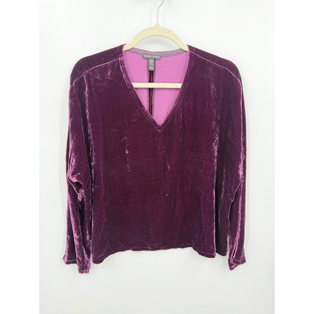 Eileen Fisher Silk Blend Velvet V-Neck Top Women XS Purple Long Sleeve Boxy